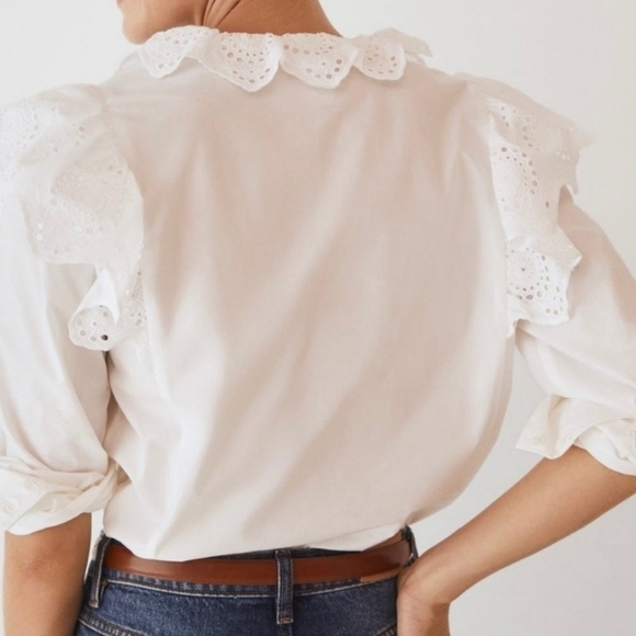 Mango MNG Ruffle Eyelet Lace Trim Blouse White Boho Prairie Women's Size 10 - Picture 3 of 9